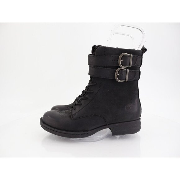 Born Camryn Black Leather Side Zip Lace Up Buckle Boot Women 5.5 Combat Bootie - Picture 3 of 10